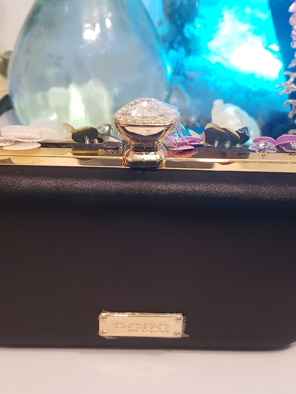 bebe Floral Appliqué Evening Clutch in Black with Pastel Accents - Picture 9 of 12